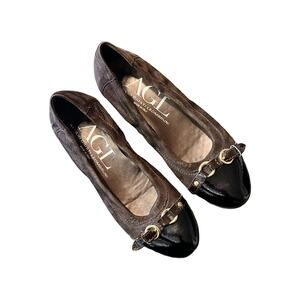 AGL Ballet Flats Brown Monika Cap Toe Suede Patent Leather Shoes Buckle 36 EUC